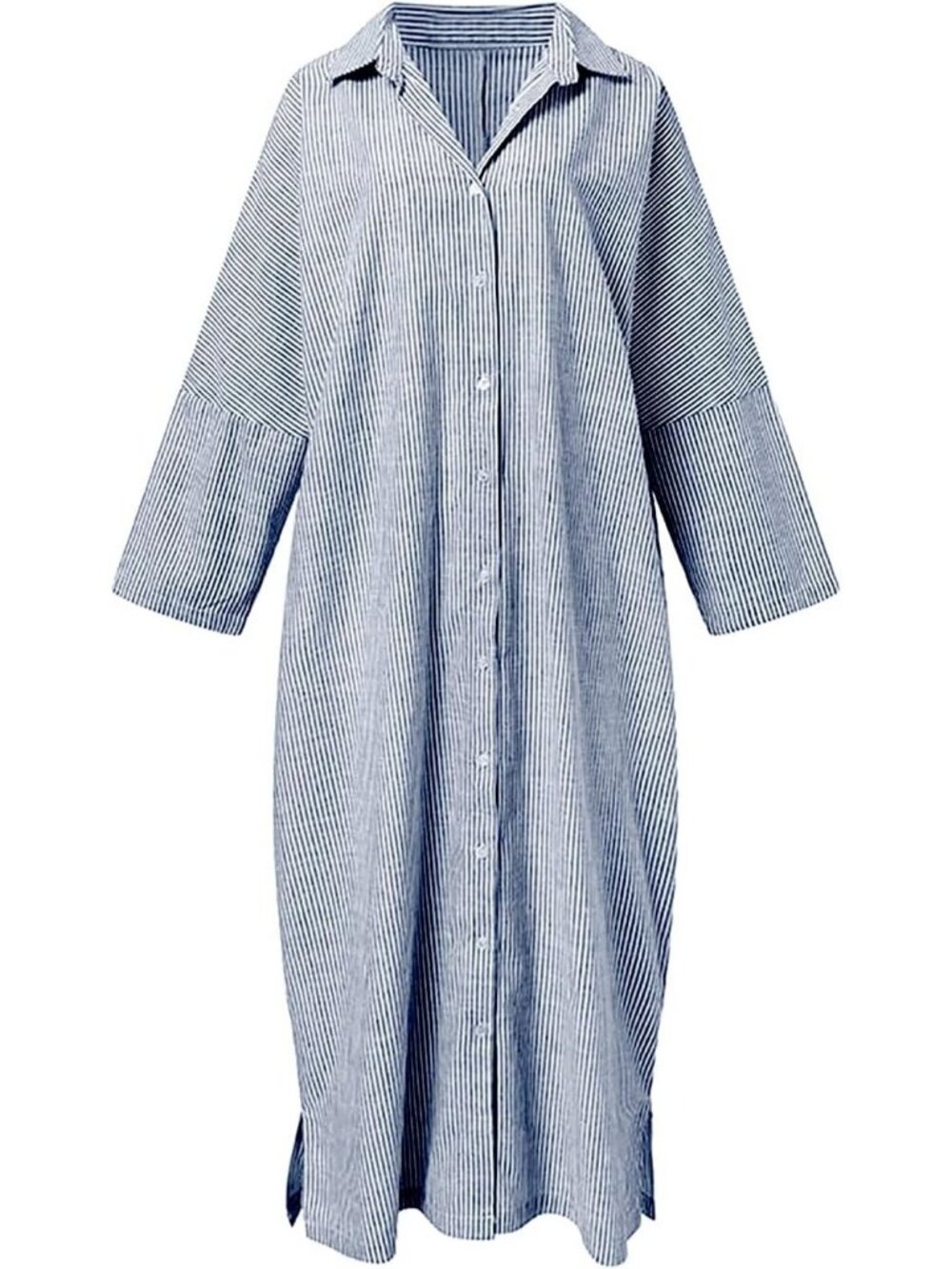 Women's Blue Long Sleeve Button Down Loose Striped Cotton Maxi Shirt Dress - Picture 3 of 5